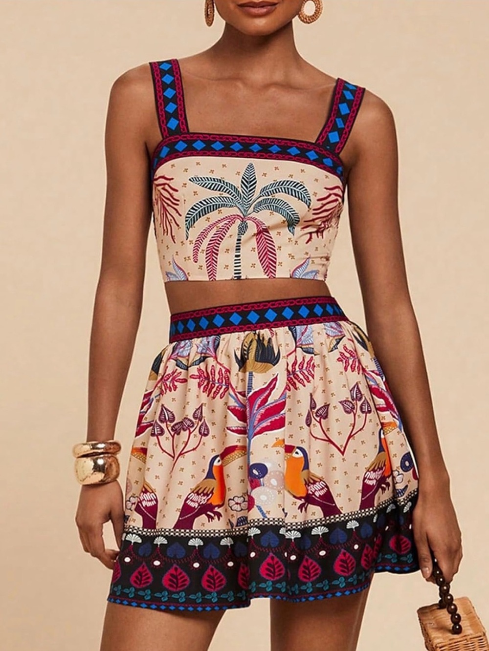 Boho Palm Print Crop Dress SET in Beige COLORFUL PRINT NEW - Picture 1 of 5